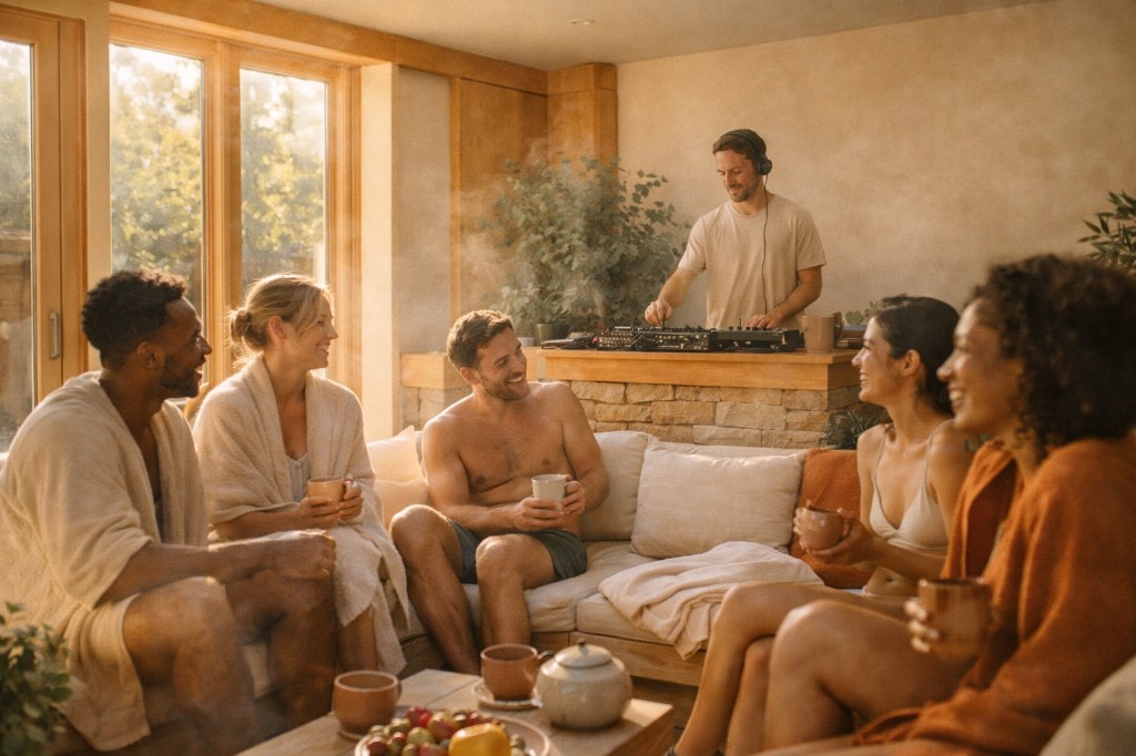 Grupo no sofá com DJ e luz dourada