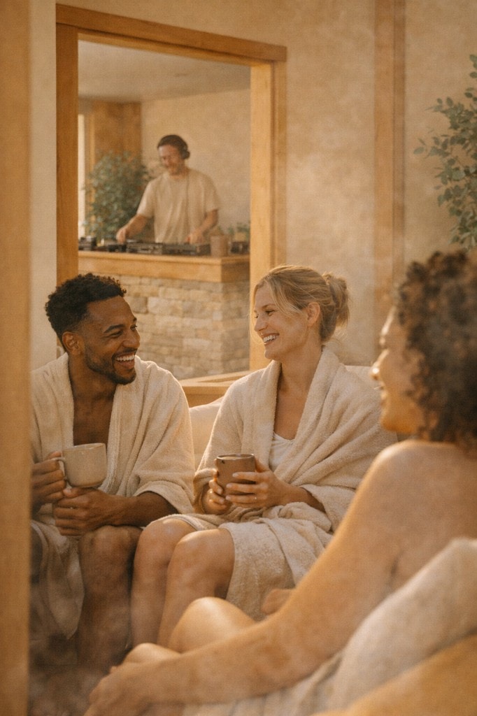 Lounge com robes, chá e DJ ao fundo